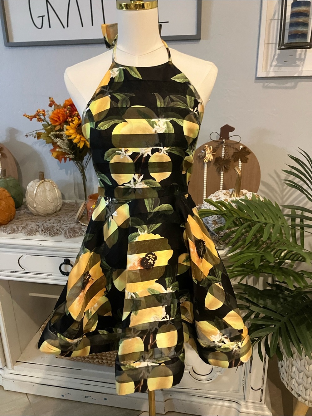Love Culture Black Lemon-Print Halter Mini Dress